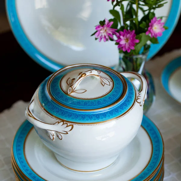 Ensemble Thé Porcelaine Bleue Britannique Antique Décor Table Mariage Est — Photo