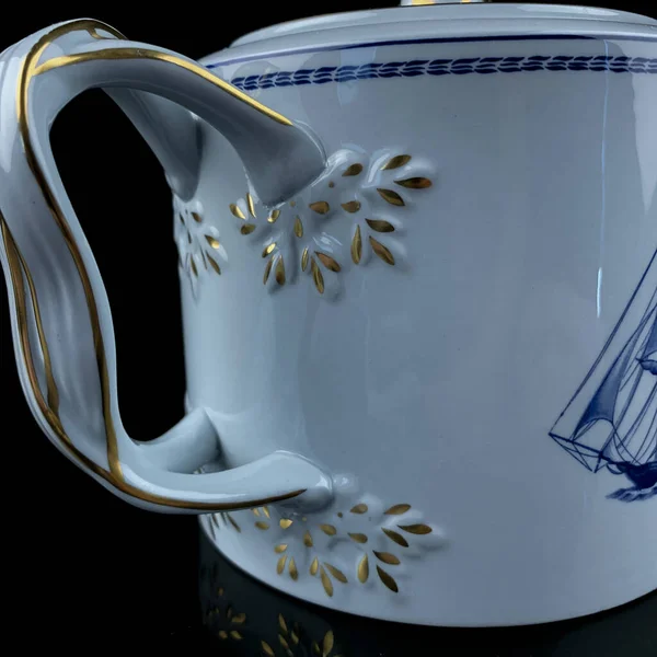 Starožitný Britský Modrý Porcelánový Čajový Set Motivy Lodí Starožitná Konvice — Stock fotografie