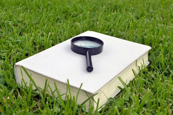 Book and magnifying glass — Stock Photo, Image