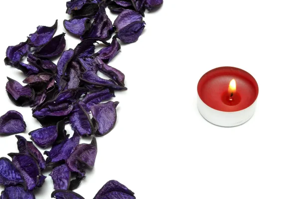 Purple petal and candle — Stock Photo, Image