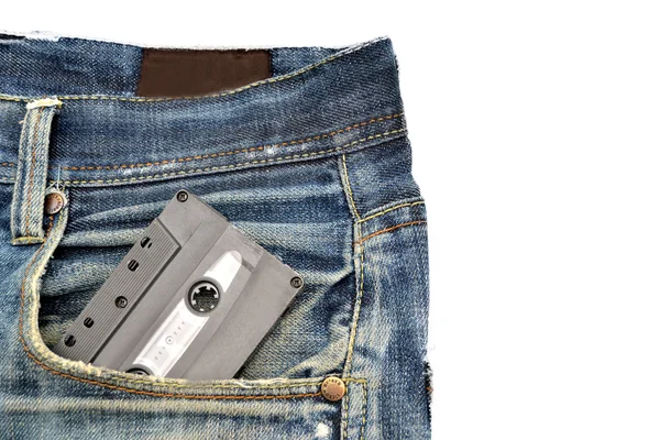 Jeans en tape cassette achtergrond — Stockfoto