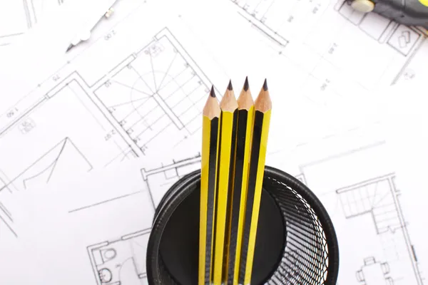 Boat of pencils on the wood table — Stock Photo, Image