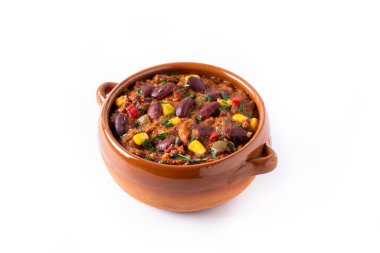 Geleneksel Meksika Tex Meksika Chili con Carne beyaz arka planda izole edilmiş.