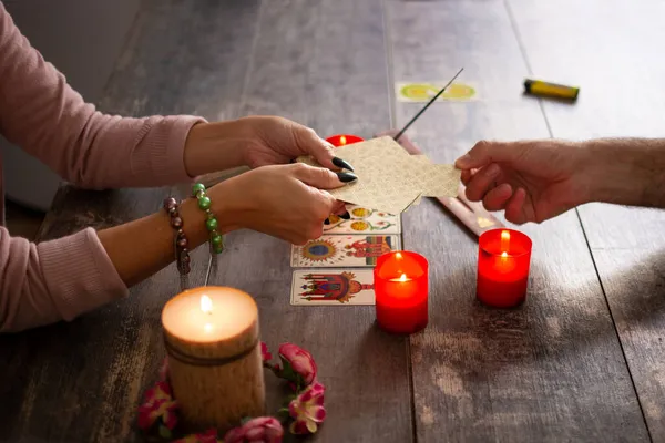 Fortune Teller Reading Future Tarot Cards Rustic Table — Stock Photo, Image