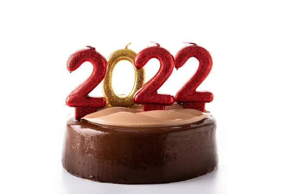 Ano Novo 2022 Bolo Chocolate Isolado Fundo Branco — Fotografia de Stock
