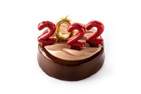 Ano Novo 2022 Bolo Chocolate Isolado Fundo Branco — Fotografia de Stock