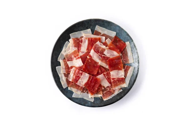 Spaanse Serrano Ham Plak Zwarte Plaat Geïsoleerd Witte Achtergrond — Stockfoto