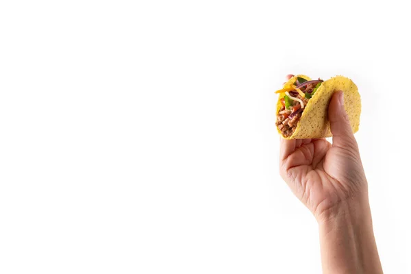 Hagyományos Mexikói Taco Fehér Alapon Izolált Hússal Zöldséggel — Stock Fotó