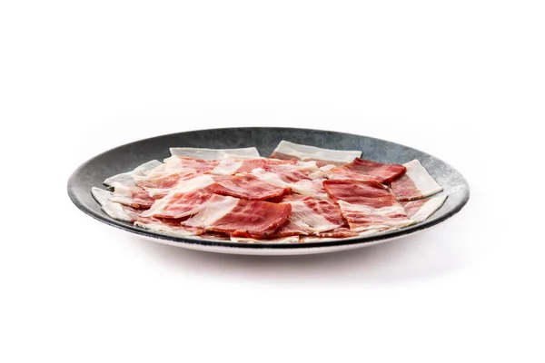 Tranches Jambon Serrano Espagnol Sur Plaque Noire Isolé Sur Fond — Photo