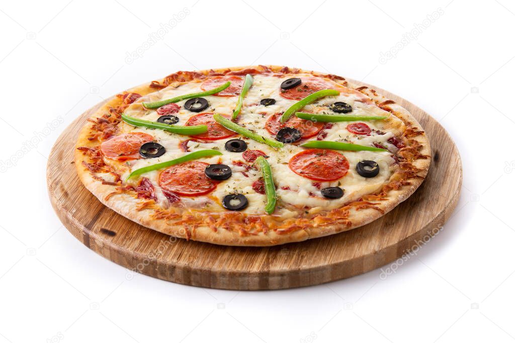 Traditional supreme pizza isolated on white background