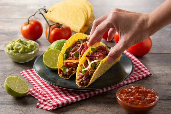 Picking Traditional Mexican Tacos Meat Vegetables Wooden Table — Stock Photo, Image