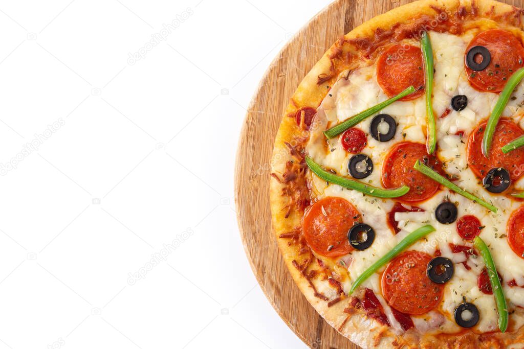 Traditional supreme pizza isolated on white background