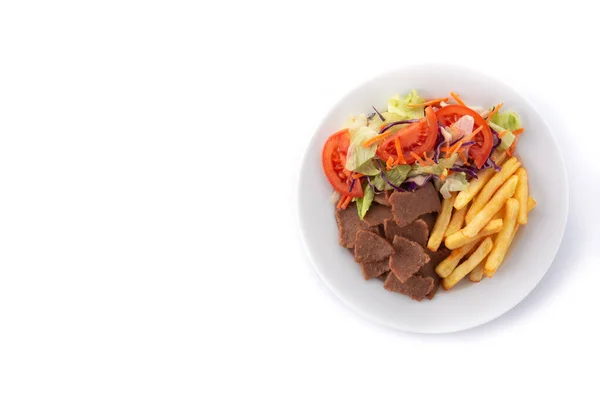 Tallrik Kebab Grönsaker Och Pommes Frites Isolerad Vit Bakgrund — Stockfoto