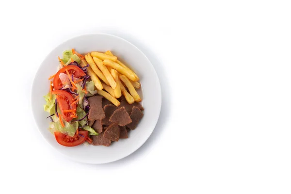 Tallrik Kebab Grönsaker Och Pommes Frites Isolerad Vit Bakgrund — Stockfoto