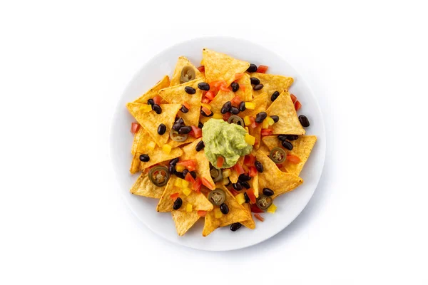 Mexican Nachos Tortilla Chips Black Beans Guacamole Tomato Jalapeno Isolated — Stock Photo, Image