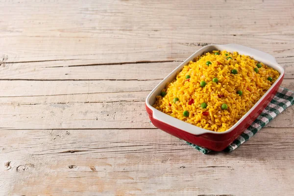 Traditional Mexican Rice Served Green Peas Wooden Table Copy Space — Stock Photo, Image