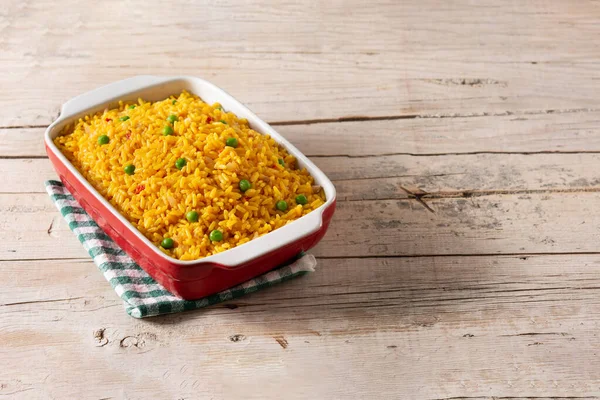 Traditional Mexican Rice Served Green Peas Wooden Table Copy Space — Stock Photo, Image