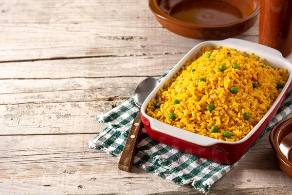 Traditional Mexican Rice Served Green Peas Wooden Table Copy Space — Stock Photo, Image