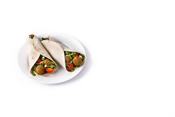 Tortilla Wrap Falafel Vegetables Isolated White Background Copy Space — Fotografie, imagine de stoc
