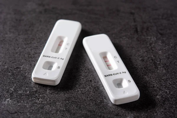 Covid Rapid Antigen Test Black Stone Background — Fotografia de Stock