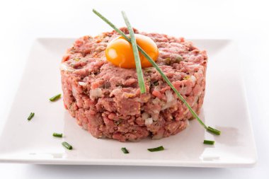 Beef steak tartare isolated on white background