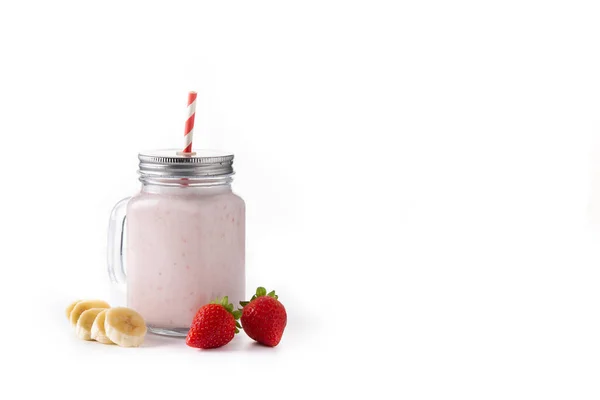 Frischer Erdbeer Bananen Smoothie Glas Isoliert Auf Weißem Hintergrund Kopierraum — Stockfoto