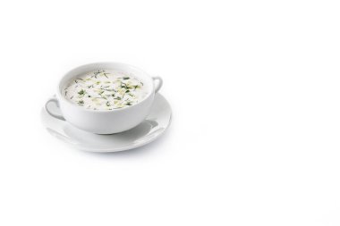 Bulgar taratör beyaz arka planda izole edilmiş bir kasede ekşi süt çorbası içiyor. Boşluğu kopyala