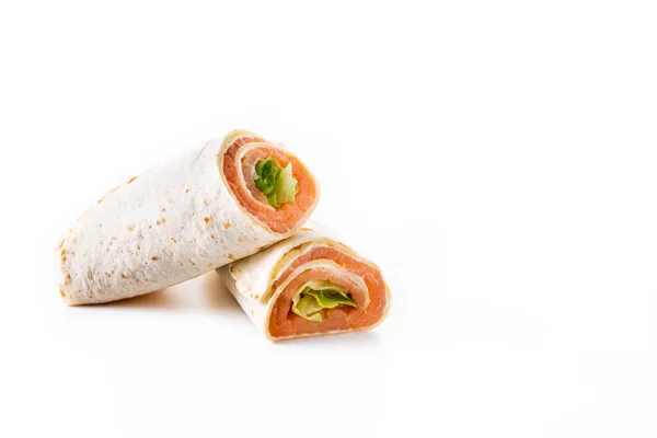 Lachs Wrap Brötchen Mit Käse Und Gemüse Isoliert Auf Weißem — Stockfoto