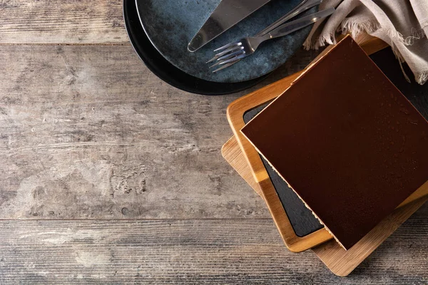 Opera Cake Dessert Slice Wooden Table Copy Space — Stock Photo, Image