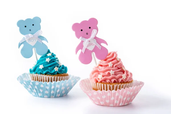 Cupcakes Rosados Azules Para Baby Shower Aislados Sobre Fondo Blanco — Foto de Stock
