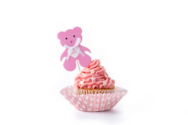 白い背景に隔離された赤ちゃんシャワーのためのピンクのカップケーキ — ストック写真