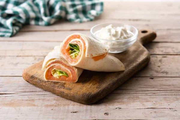 Salmon Wrap Sandwich Roll Cheese Vegetables Wooden Table — Stock Photo, Image