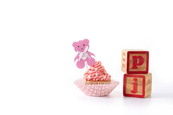 Rosa Cupcake Für Baby Dusche Isoliert Auf Weißem Hintergrund — Stockfoto