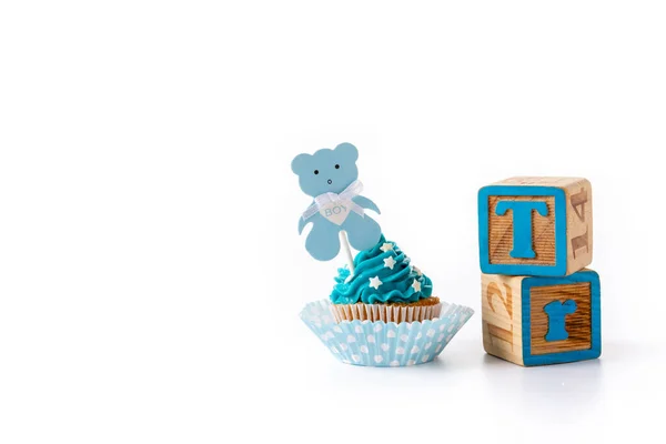 Blaue Cupcake Für Baby Dusche Isoliert Auf Weißem Hintergrund — Stockfoto