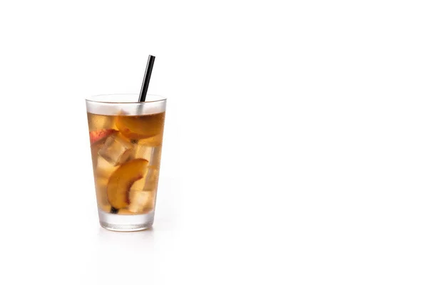 Glass Peach Tea Ice Cubes Isolated White Background Copy Space — Photo