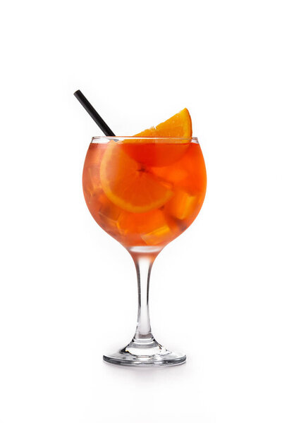 Glass of aperol spritz cocktail isolated on white background