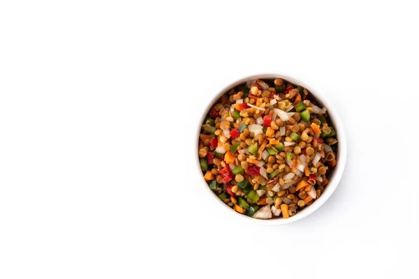Lentil Salad Peppers Onion Carrot Bowl Isolated White Background Top — Foto de Stock