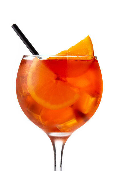 Glass of aperol spritz cocktail isolated on white background