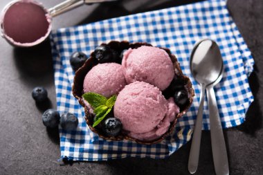 Siyah arkaplanda yabanmersinli dondurma kepçesi