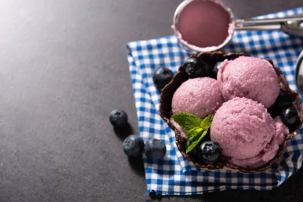 Blueberry Ice Cream Scoop Black Slate Background Copy Space — ストック写真