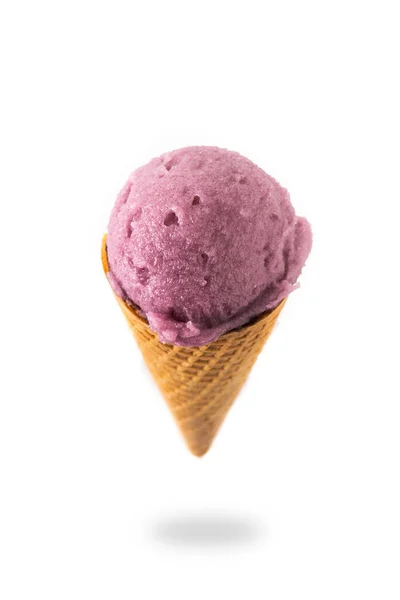 Blueberry Ice Cream Cone Floating Air Isolated White Background — Stock Photo, Image