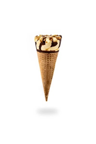Vanilla Chocolate Ice Cream Cone Floating Air Isolated White Background — Stockfoto