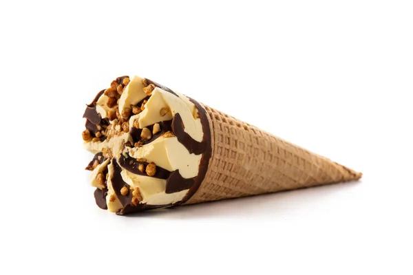 Vanilla Chocolate Ice Cream Cone Isolated White Background — ストック写真