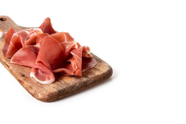 Spanish Serrano Ham Cutting Board Isolated White Background Copy Space — Fotografia de Stock