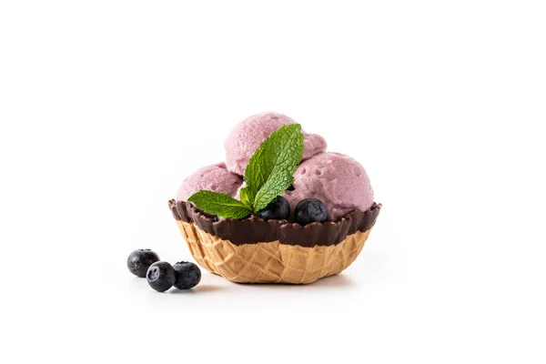 Blueberry Ice Cream Scoop Waffle Basket Isolated White Background — ストック写真