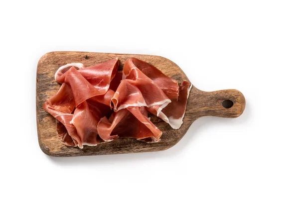 Spanish Serrano Ham Cutting Board Isolated White Background —  Fotos de Stock