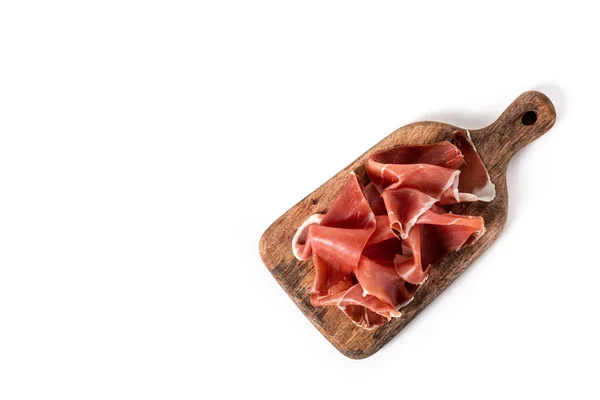 Spanish Serrano Ham Cutting Board Isolated White Background Top View — Fotografia de Stock
