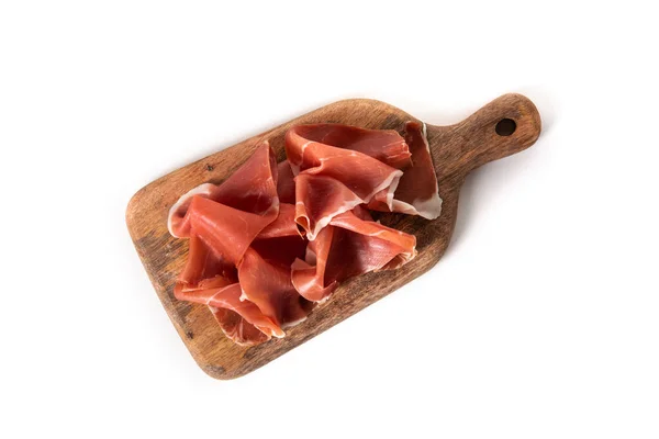 Spanish Serrano Ham Cutting Board Isolated White Background — Fotografia de Stock