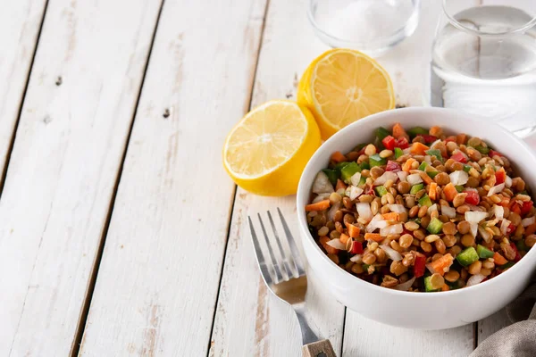 Lentil Salad Peppers Onion Carrot Bowl Wooden Table Copy Space — Foto de Stock