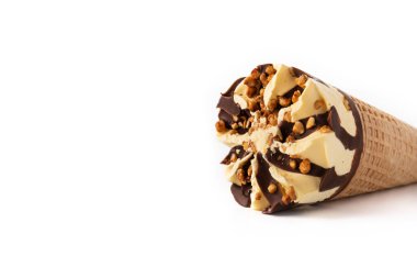 Vanilla and chocolate ice cream cone isolated on white background. Copy space